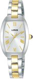 Gouden en zilverkleurig horloge met ovale witte wijzerplaat, Romeinse cijfers en gouden kroon met zwarte steen.