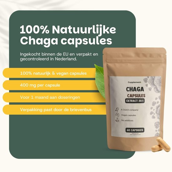 Cupplement - 4 sachets de capsules d'extrait de Chaga 60 pièces - Extrait 20:1 - Comprend un pilulier - Biologique - 400 MG par capsule - Geen poudre - Supplément - Superaliment - Champignon - Champignon