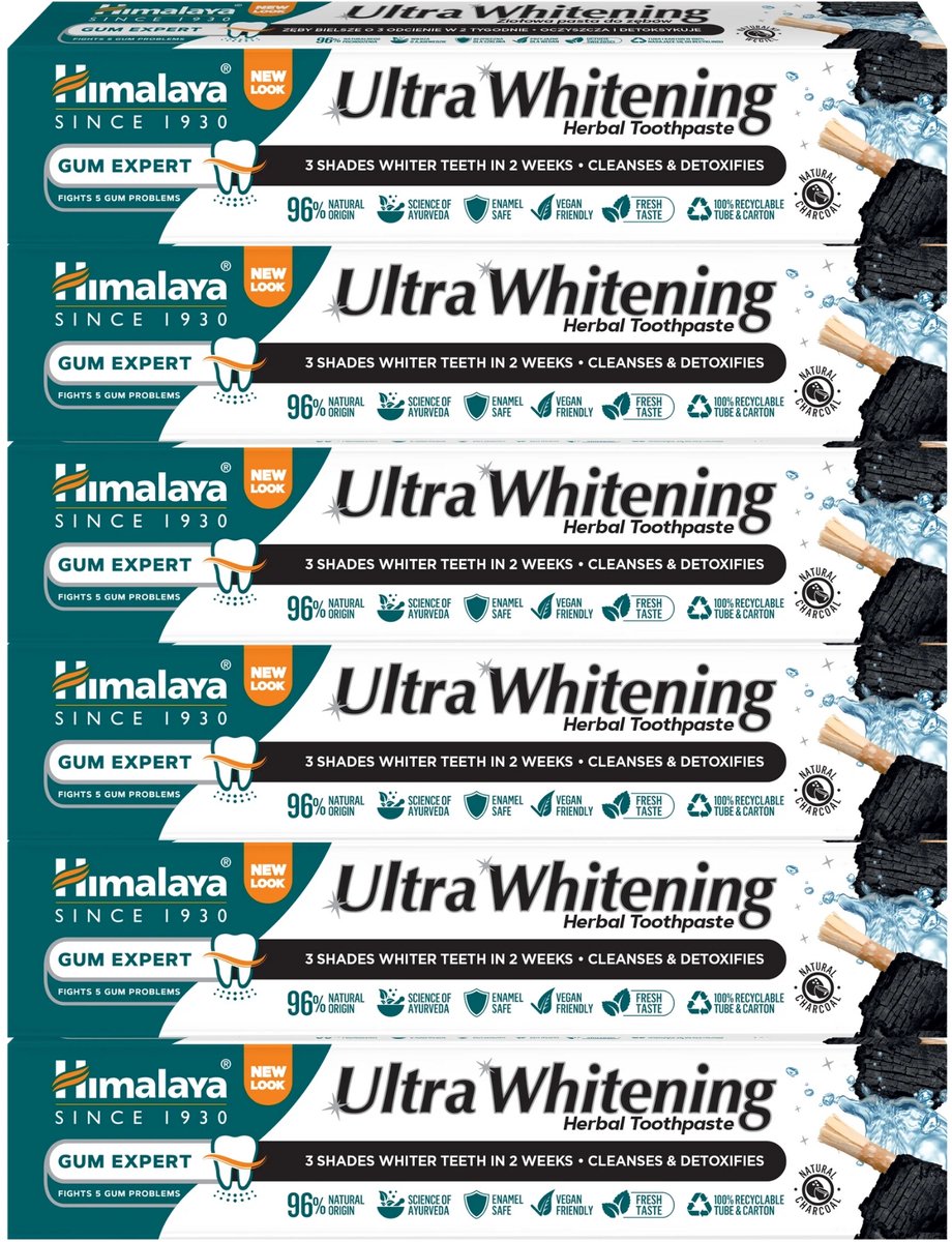 Himalaya Gum Expert Ultra Whitening Herbal Toothpaste - 6 x 75 ml - Charcoal & Black Seed Oil - Versterkt en Verzorgt Tandvlees - Fluoridevrij - Ayurvedische Tandpasta
