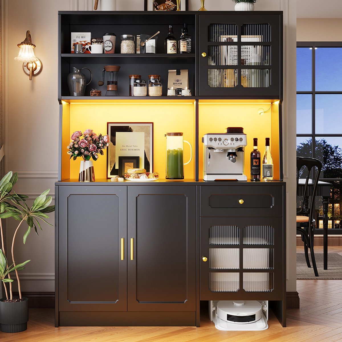 BLACKCOLORS Keukenkast 130x45x180 cm - Hoge Buffetkast - met Glazen Deuren en LED Verlichting - Zwart