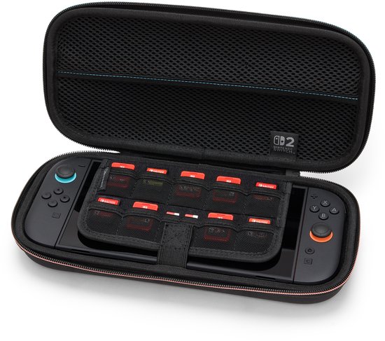 Zwarte Nintendo Switch hoes, geopend, met Switch console en vakken voor spelcartridges.
