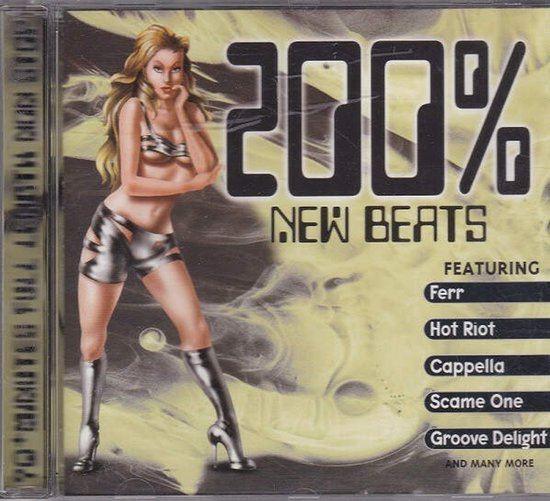 CD-hoes 200% New Beats met illustratie van een vrouw in zilveren outfit tegen een gele en zwarte achtergrond.