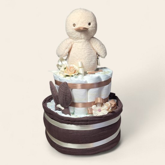 Luiertaart 2 lagen met Jollein Spring Garden Duck en wiegdeken chestnut van Luiertaart — afbeelding 2