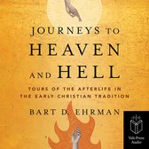 Boekcover 'Journeys to Heaven and Hell' met gouden achtergrond en illustraties van handen in vuur en een cirkel.