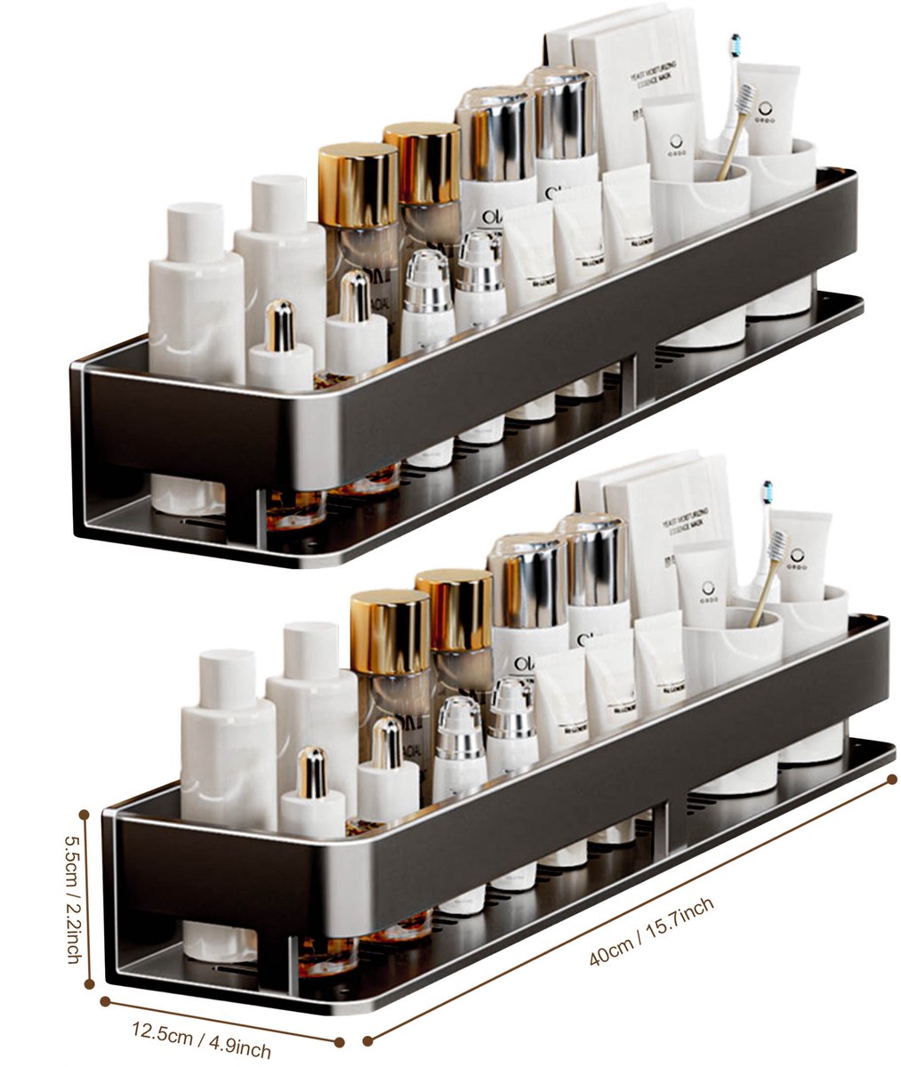 IBETTERTEC - Doucherek roestvrij staal hoekrek - zonder boren - 2 stuks 40cm - douchemand - toiletwand hoekrek - driehoekig rek - zwart opbergrek voor badkamer en keuken - kruidenrek