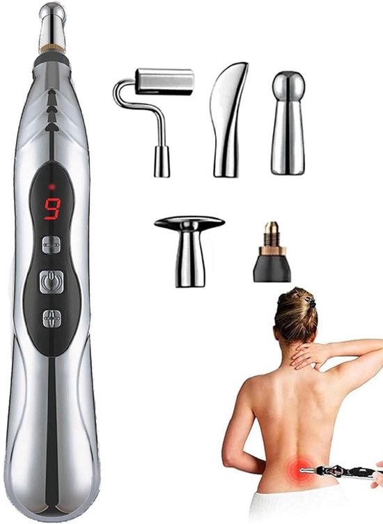 Acupunctuurpen, krachtige 5-in-1 meridiaan-energiepen, met 5 massagekoppen, oplaadbaar via USB.