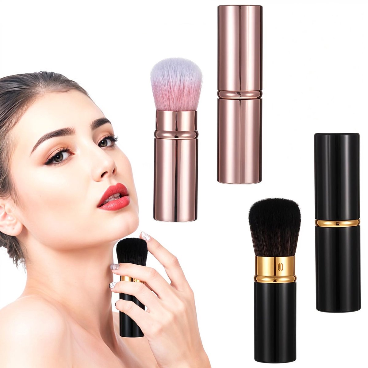 Uitschuifbare blush-kwast met dop, set van 2 reismake-upkwasten, Kabuki foundationkwast, uitschuifbare gezichtsblendkwast, geschikt voor vloeibare crèmefoundation, concealer en blush make-upkwasten voor vrouwen.