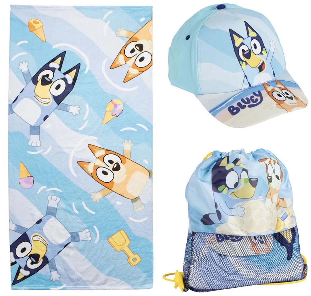 Bluey Strandlaken Zwemtas en Pet – Strandset Kind – Handdoek Zwemtas Cap – Strand Zwembad – Jongens Meisjes