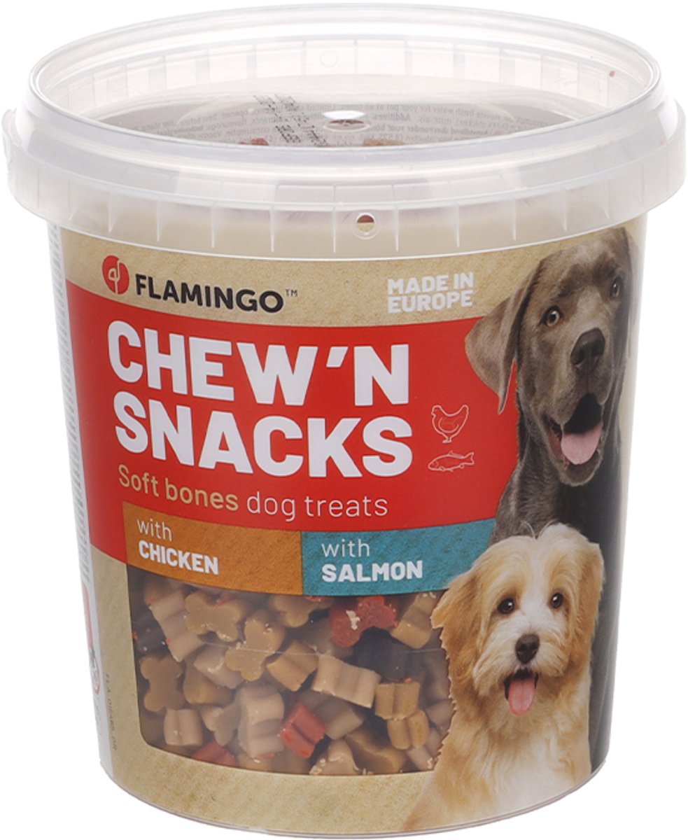 Chew'n Snack Mini Bones Mix 500 GR in pot met kip en met zalm