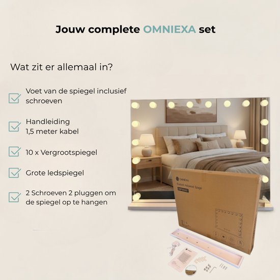 Set met OMNIEXA spiegel, voet, 1,5m kabel, 10x vergrootspiegel, 2 schroeven en pluggen.