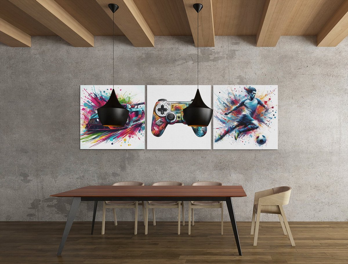 Drieluik Canvas Schilderij Gamer Art – Auto, Voetbal en Controller - 3x100x100 cm