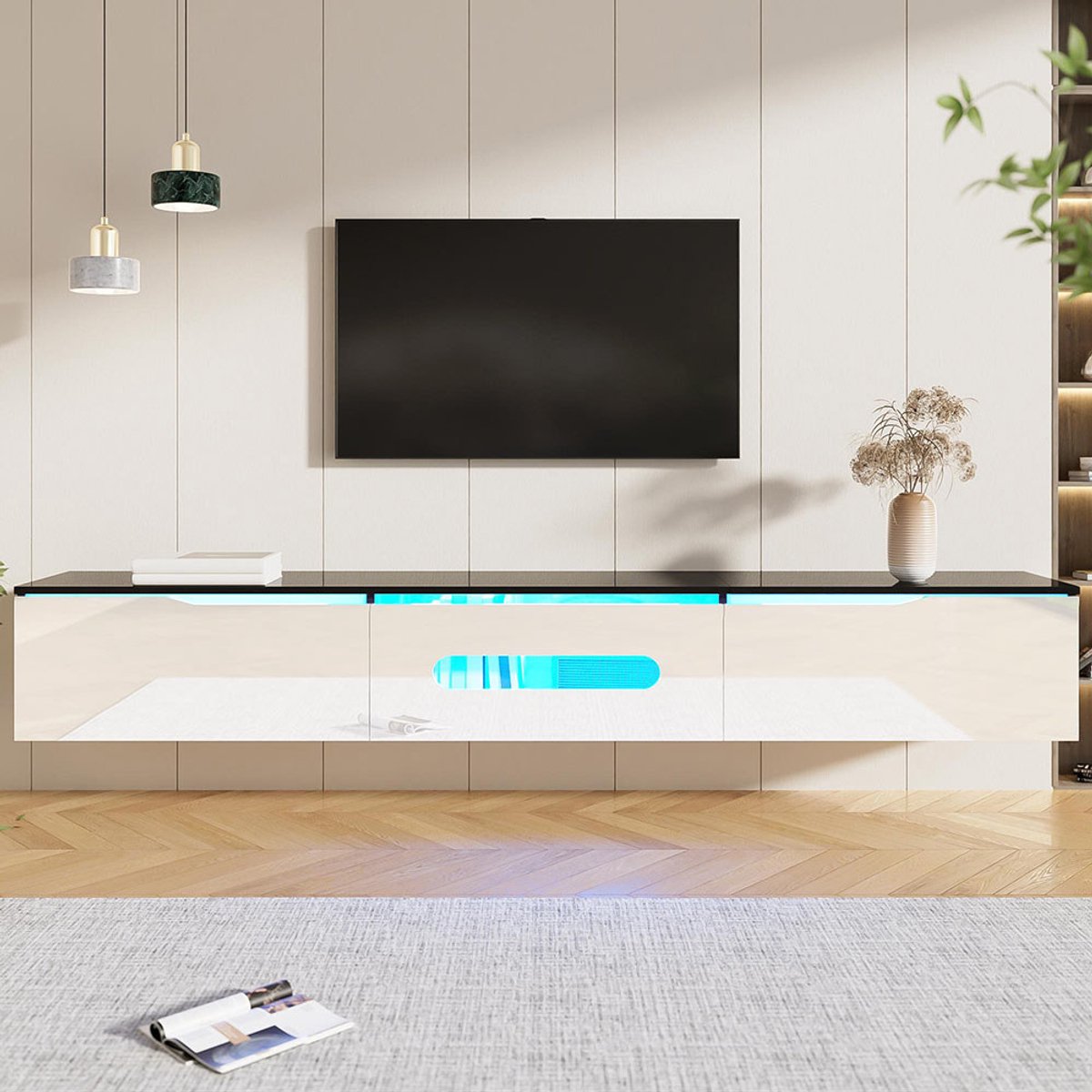 KOMHTOM BLACKCOLORS - TV-meubel - Zwart-Wit - Lengte 180 cm - Glanzend - 16 Kleuren LED-verlichting - Muurmontage Mogelijk Zwart + wit