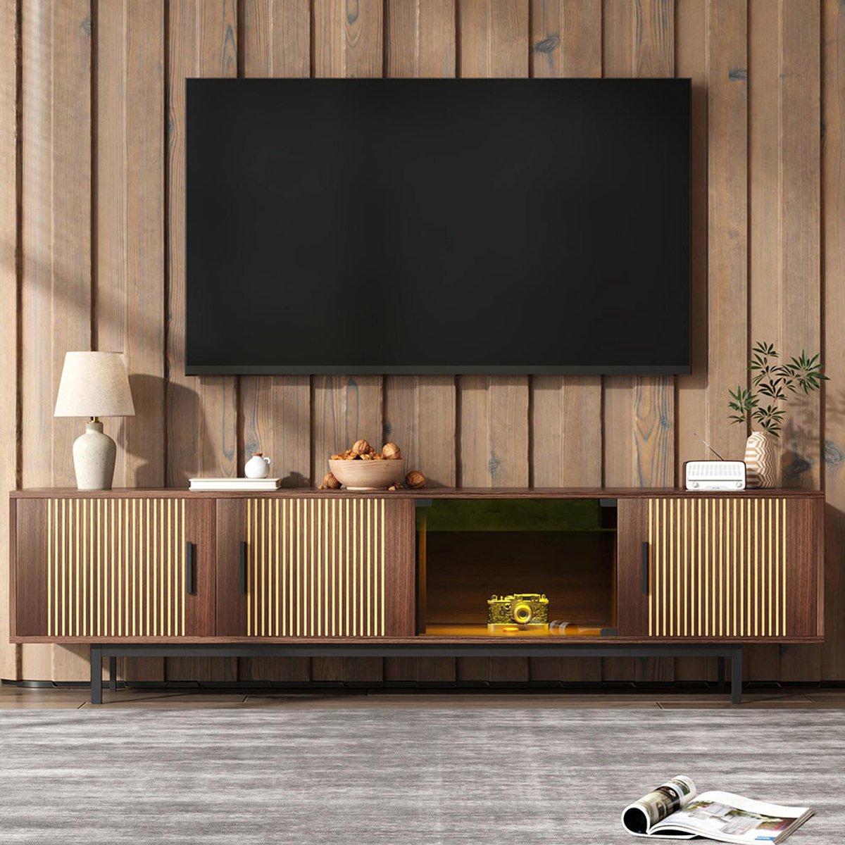 KOMHTOM BLACKCOLORS - TV-meubel - Met Gehard Glas Deur en LED-verlichting - Gegraveerde Textuur - Laag Model Zwart + naturel