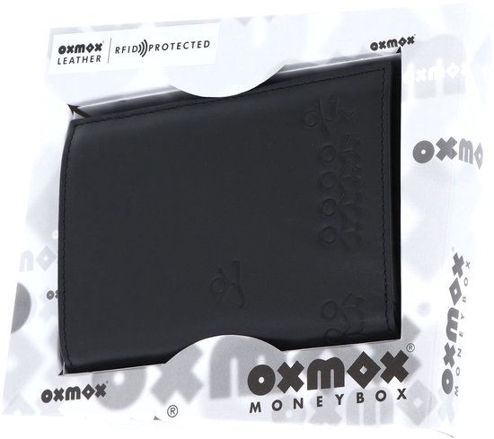 Zwarte oxmox portemonnee in verpakking, met opdruk van kinderfiguurtjes en RFID Protect logo.