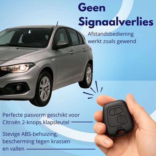 Zwarte Citroën 2-knops klapsleutel in hand. Auto zilverkleurig op achtergrond. Stevige ABS-behuizing.