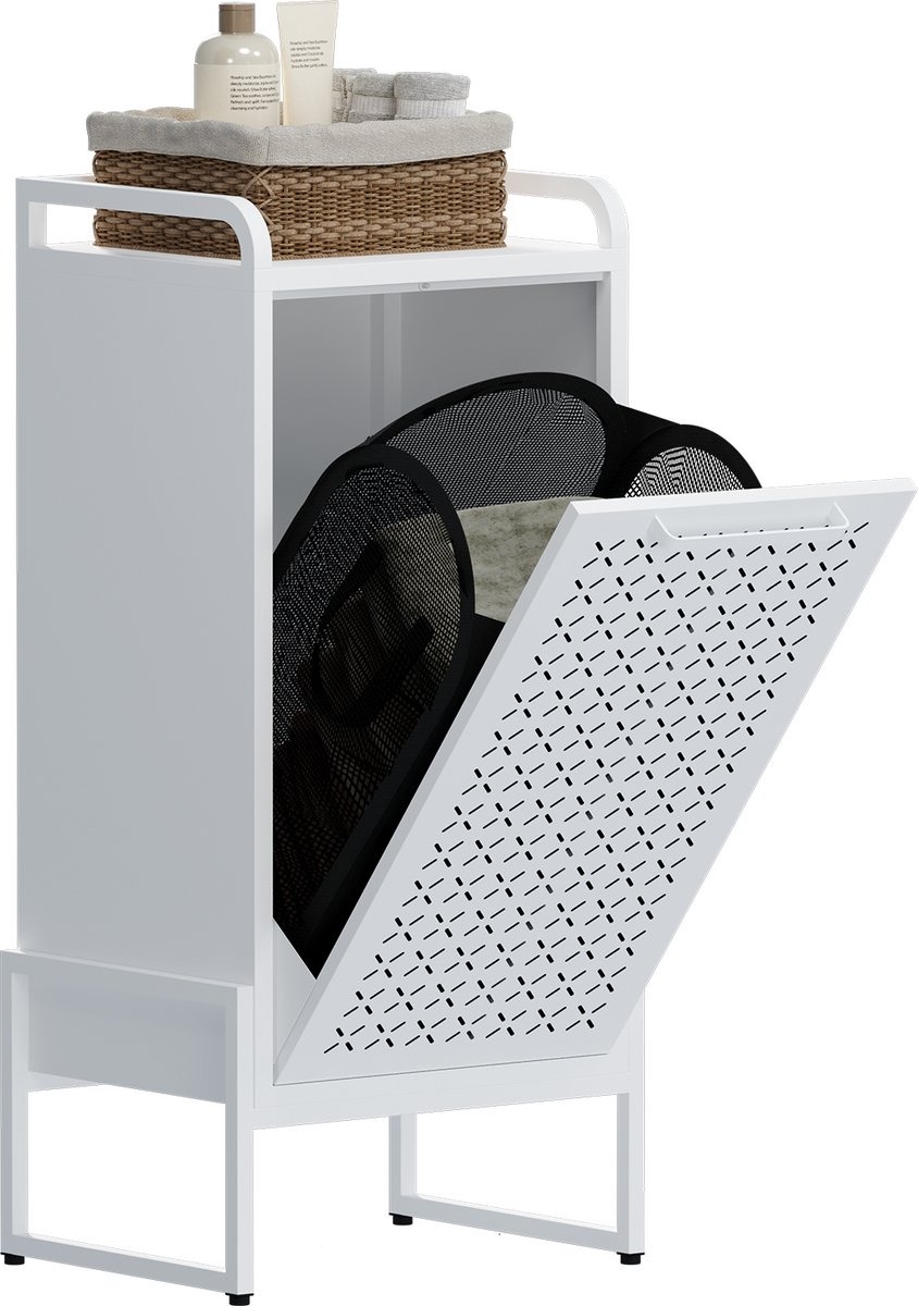 VEEHAUS® Tessi Wasmand - Luxe Wasverzamelmand – Wasbox – Ergonomisch Uitneembare Zak – Metalen Frame van Hoogwaardig Staal - 42 x 35 x 93 cm – Crème