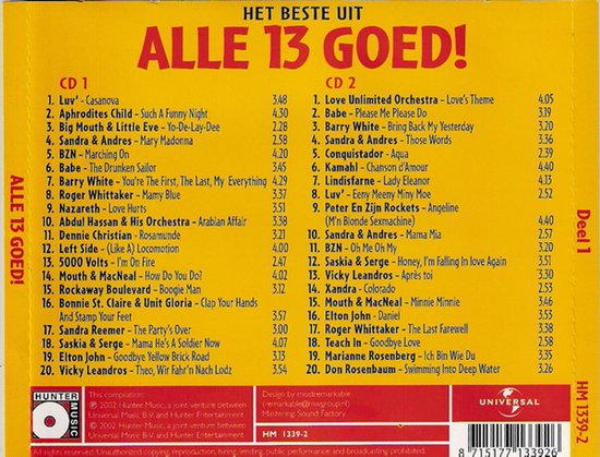 CD-hoes met 'Het beste uit Alle 13 Goed!' en een lijst met nummers op CD 1 en CD 2.