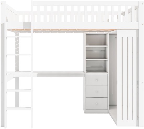 Lit mezzanine Merax 140x200 cm - avec bureau - armoire - 3 tiroirs - escalier - lit en bois avec espace de rangement - lit enfant avec bureau - Wit - sans Matras