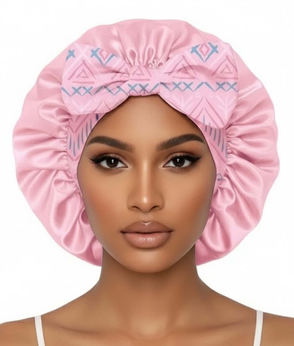 Lichtroze satijnen haar bonnet dames – slaapmuts met geometrische print strik en linten – beschermende satijnen haarmuts tegen pluis en wrijving – antikroes slaap cap voor krullen en lang haar