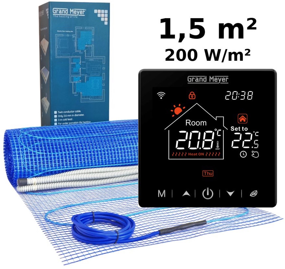 Elektrische vloerverwarmingsset 1,5 m², 200 W/m² + SN-20 Wi-Fi programmeerbare thermostaat