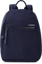 Donkerblauwe ribfluwelen rugzak van Hedgren met ritssluiting aan de voorkant.