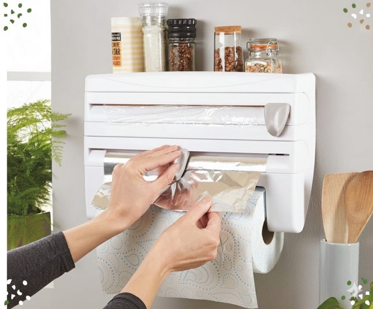 4-in-1 Houder voor Papier, Folie & Plasticfolie - Keukenrolhouder met Snijmes - Wandmontage - Organizer met Extra Plank - Keuken Accessoire
