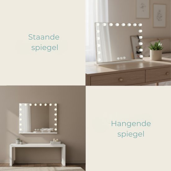Witte staande spiegel en hangende spiegel met 15 LED lampen.