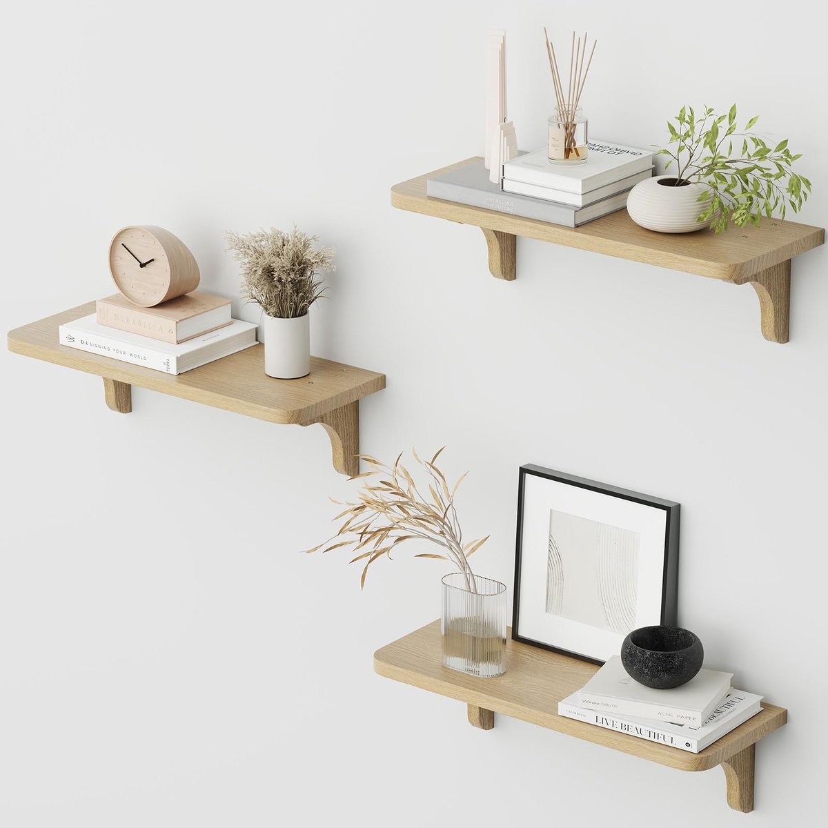 Unyqoos Set van drie houten zwevende wandplanken voor stijlvolle opbergruimte Bruin