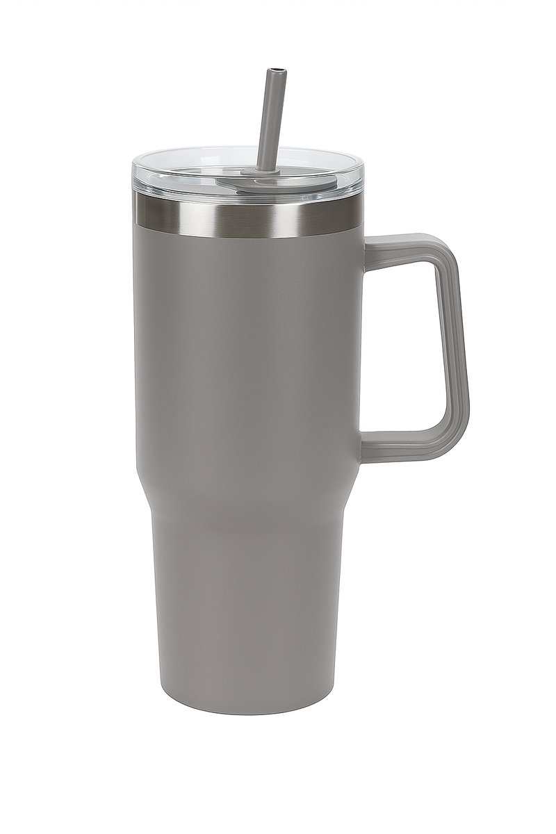 Drinkfles Tumbler met Rietje 1.2 Liter (taupegrijs)- Waterfles voor Kinderen & Volwassenen - RVS Thermosbeker voor school onderweg reizen