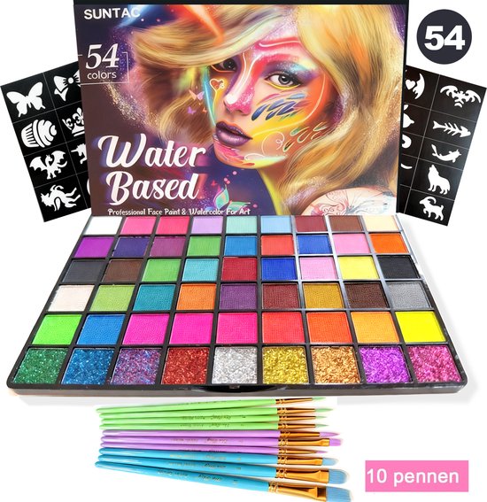 Schmink-54 Kleuren Schminkset Kinderen – Waterbasis Schmink met 10 Penselen & 6 Sjablonen – Niet-Giftig – Schmink voor Kind & Volwassene – Halloween, Feest, Schminken