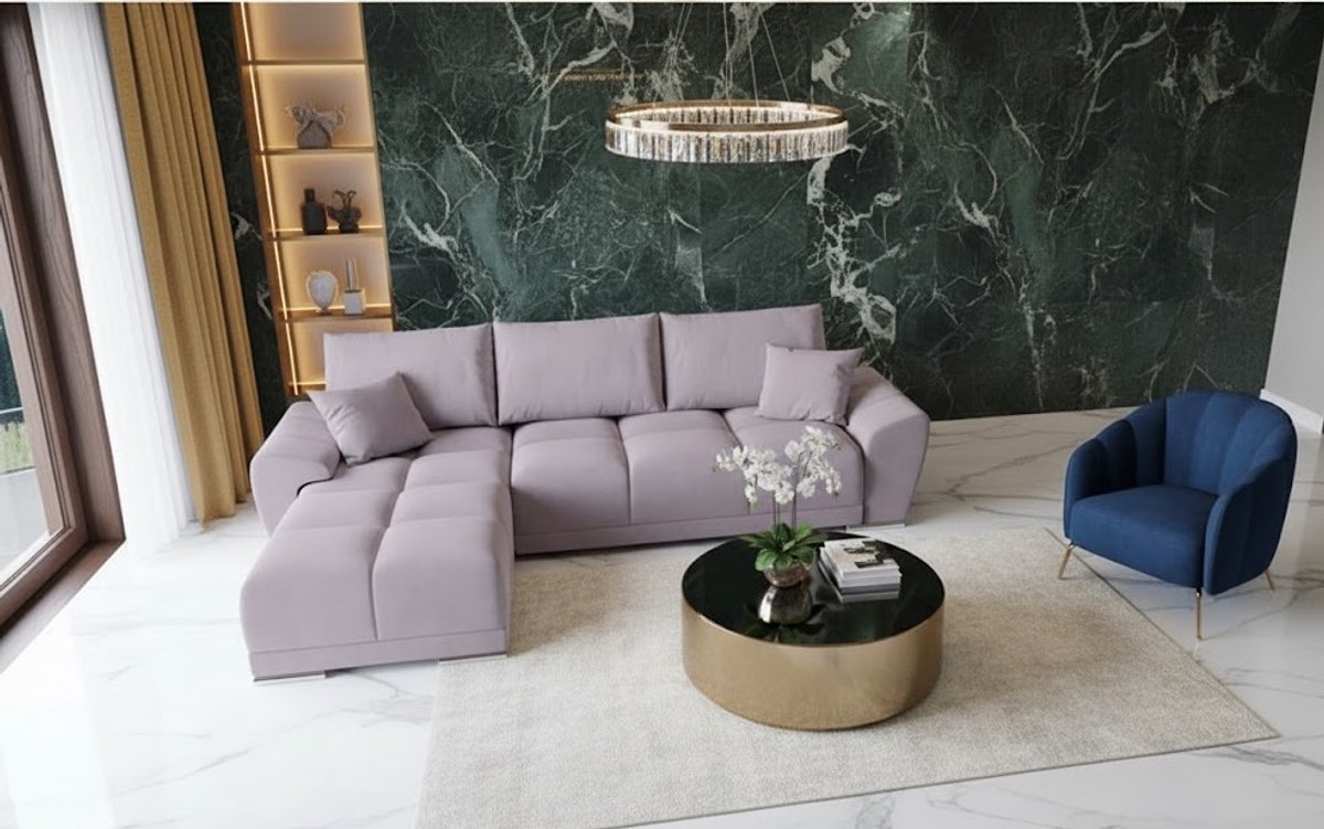Hoekbank met Slaapfunctie en Opbergruimte - Luxe Fluwelen L-Vorm Slaapbank 289x189 cm - Uittrekbaar Bed 130x220 cm - Inclusief Rugkussens - Kleur Paars - Novihome