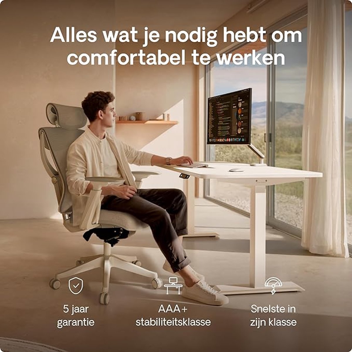 Elektrisch Zit-Sta Bureau Novihome ProDesk 160x80 cm – Snel Tweemotorig Staand Bureau – Touchscreen Bediening – Hoogte Verstelbaar 119 cm – Zeer Stabiel & Duurzaam – Modern Witte Werkplek