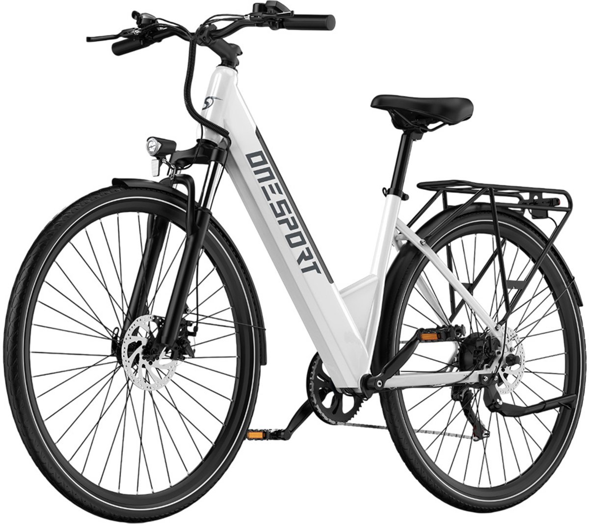 OneSport OT12 elektrische fiets 250 W motor 36 V 13 Ah accu 27 5 inch banden maximale snelheid 25 km u actieradius 65 km mechanische schijfrem voor en achter voorvork met vering Shi o 7 versnellingen wit