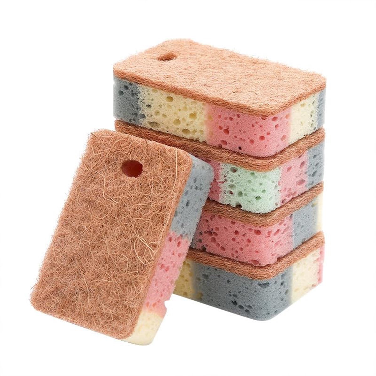 Dubbelzijdige multifunctionele keukenspons, ideaal voor afwassen en vlekverwijdering, absorberend, duurzame kokosvezelzijde en zachte sponszijde, 5 stuks bruin