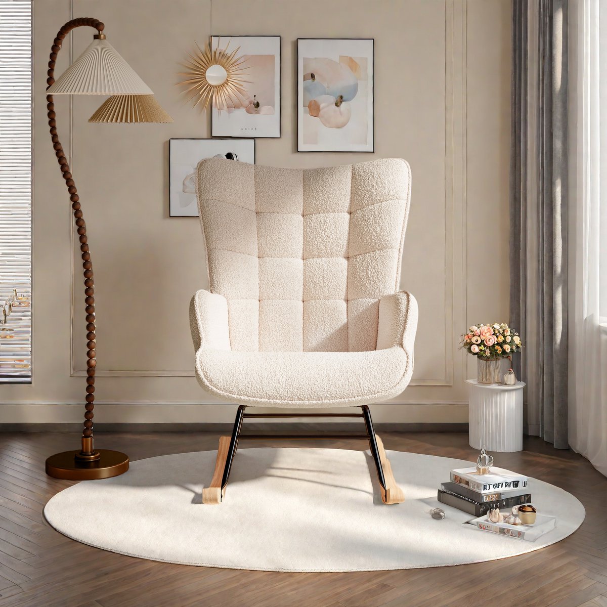 Beige Teddy Schommelstoel – Comfortabele Relaxstoel met Houten Onderstel, Zachte Teddystof, Moderne Fauteuil voor Woonkamer & Slaapkamer