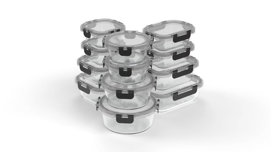 Set de 12 Boîtes de conservation de Prep KitchenBrothers en Verres hermétique, sans BPA, pour la congélation et le stockage des repas. Glas : 6,79 L.