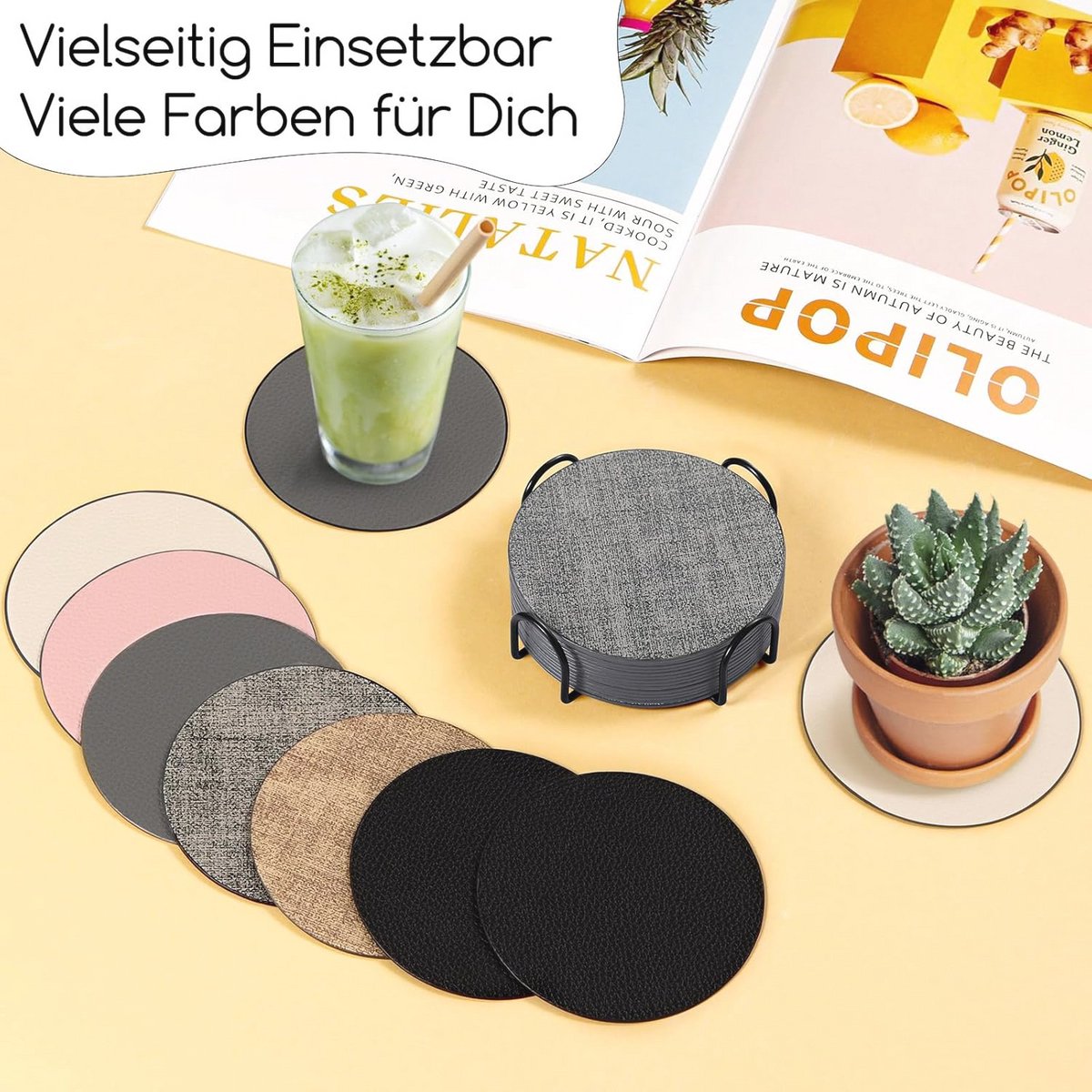 Set van 12 Faux Leather Glas Onderzetters met Houder - Camouflage