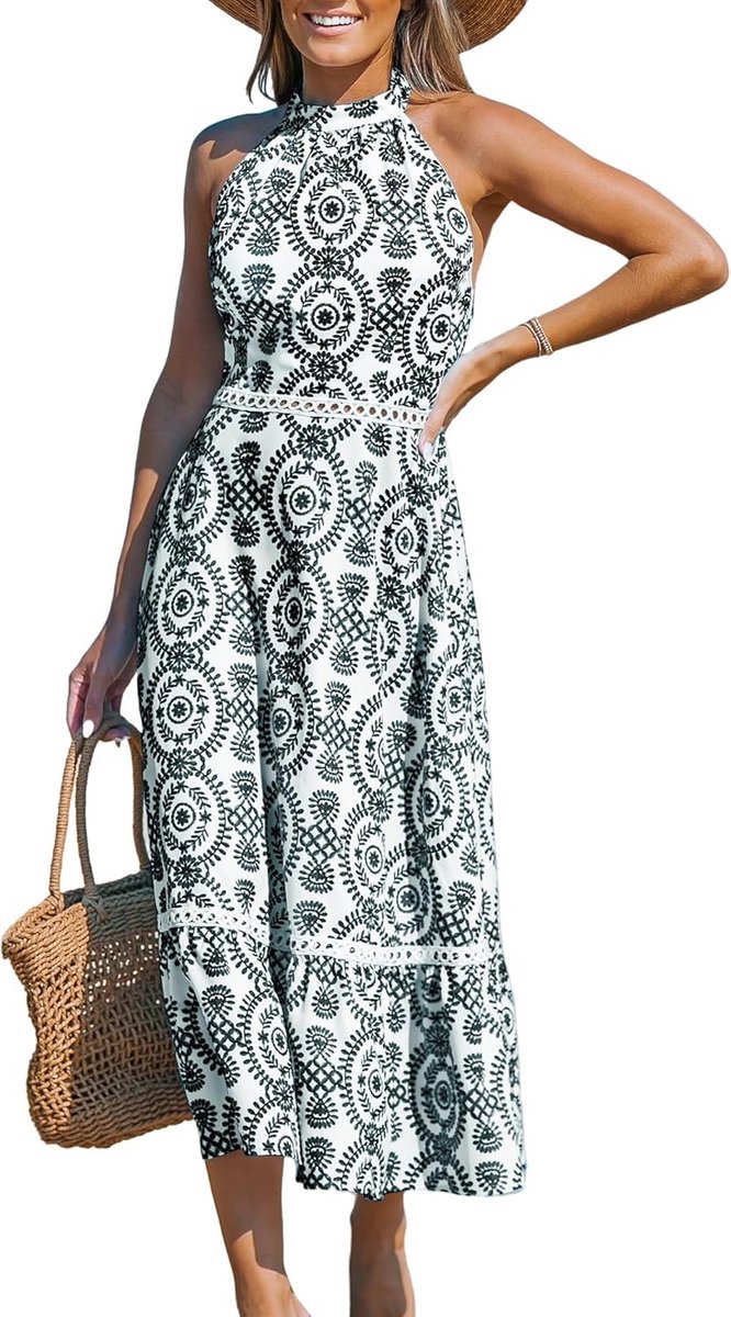 Dames Zomerjurk Maxi Halterneck met Paisley Print en Cut-Out Taille - Strand Boho Stijl