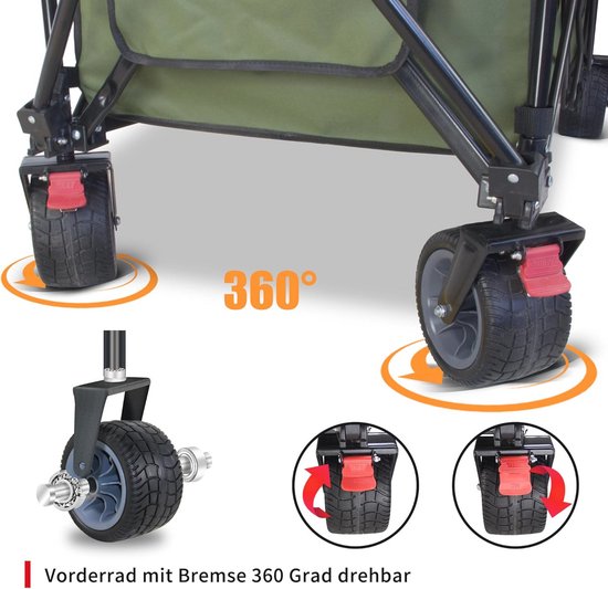 Opvouwbare bolderkar met dak en remmen - 445L capaciteit, 120 kg belastbaar, extra brede banden voor alle terreinen van Sekey — afbeelding 5