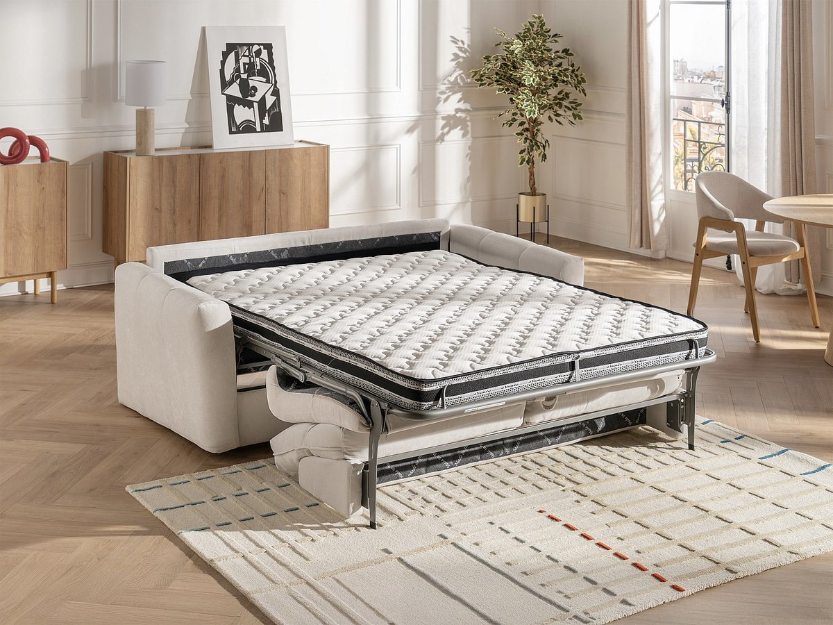 Vente-unique Vierzitsslaapbank express in beige chenille stof - Slaapoppervlak 160 cm - Matras 13 cm DOVENA van Maison Céphy