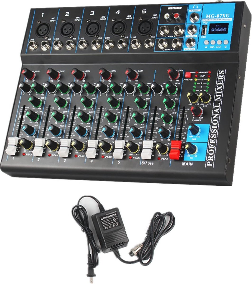 7-kanaals DJ-mixer met USB en fantoomvoeding voor audio- en opnamesystemen
