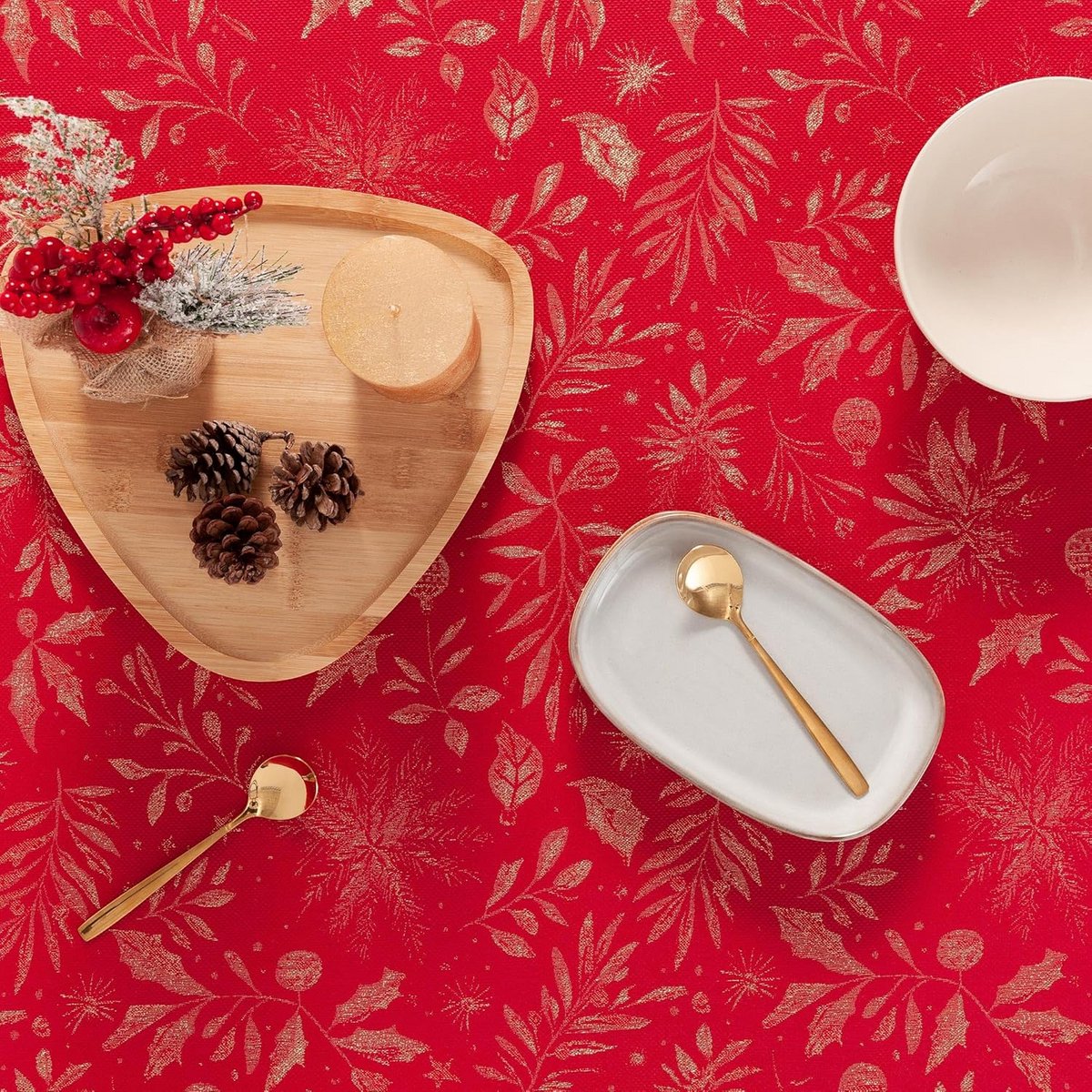Kerst Tafelkleed Rechthoekig Jacquard Bloemenpatroon Rood Goud 140x200 cm