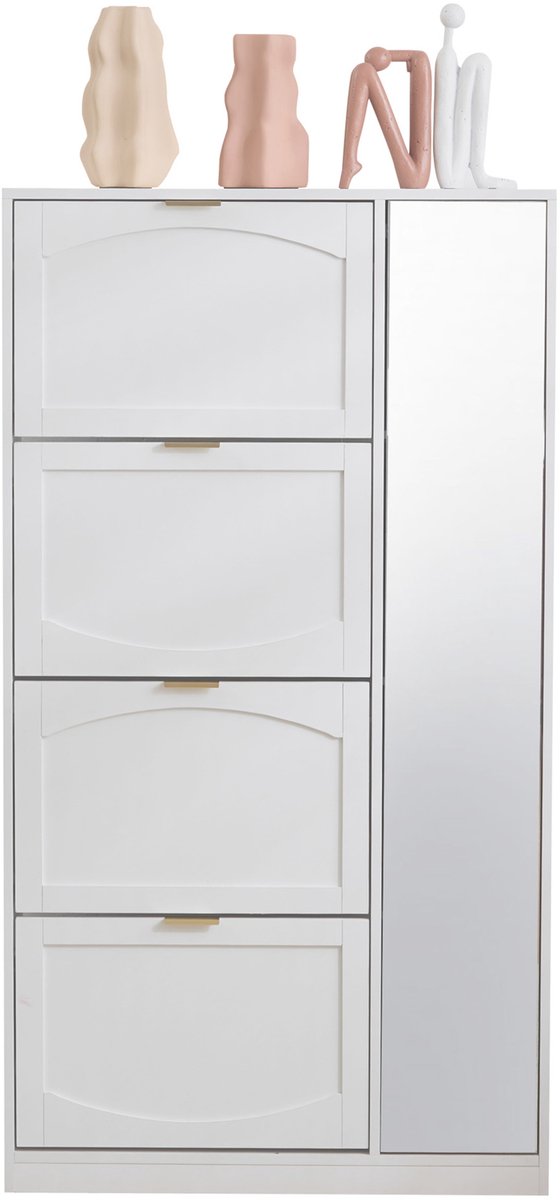Moderne Schoenenkast met Spiegel - 4 Opbergvakken - Verstelbare Plank - Kantelbeveiligd - Wit - B80 H147 D24 cm