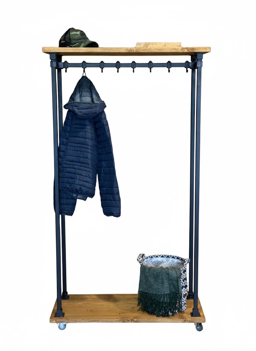 Industriële Staande Kapstok met Wielen – Kledingrek van Hout & Zwart Staal – Steigerbuis Design – 80 cm – Design85