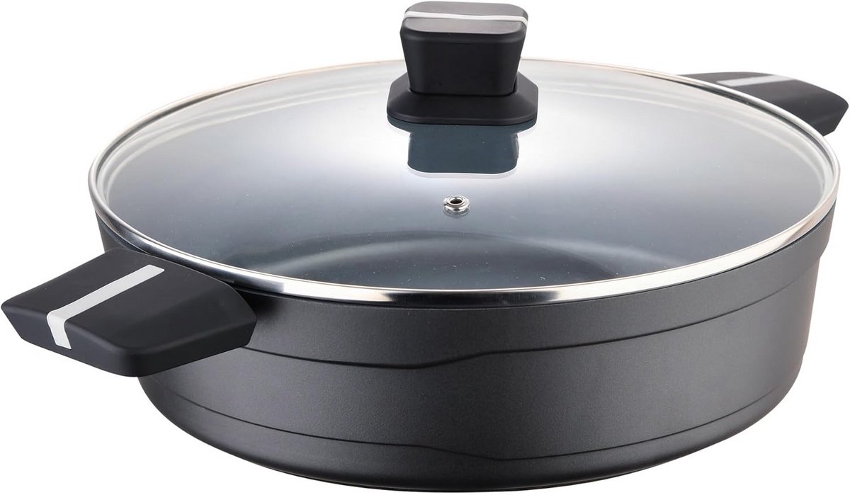 Gietaluminium Koekenpan Laag 28 cm met Deksel - Geschikt voor Alle Warmtebronnen incl. Inductie