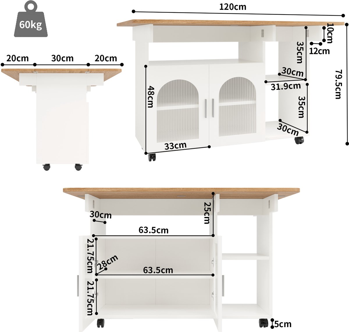 Keukeneiland, modern keukeneiland, keukenkast, verplaatsbare serveerwagen, dressoir, eettafelwagen met houtnerf, dressoir, multifunctionele eettafel met opbergruimte, wit