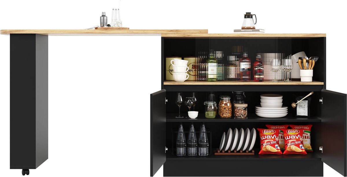 360° draaibare eettafelbar (hoofdgedeelte 90 x 45 x 100 cm), modern, eenvoudig, multifunctioneel, draaibaar dressoir met planken en glas, geschikt voor keukens en restaurants.