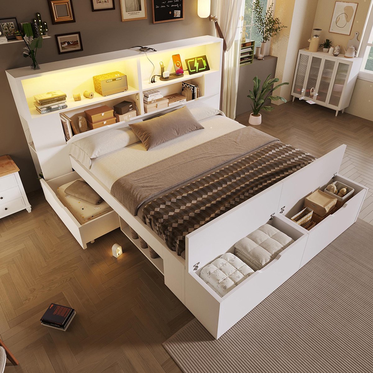 BLACKCOLORS Houten bed 140x200 cm wit Tweepersoonsbed met opbergruimte, ledverlichting, USB-oplaadpoorten, lades, bedbank, planken, lattenbodem, voor tienerkamer, zonder matras