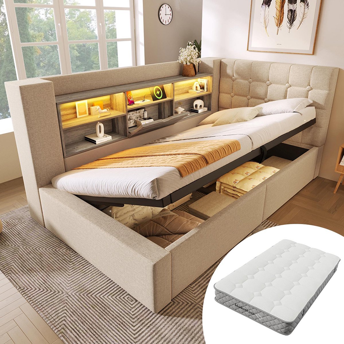 KOMHTOM BLACKCOLORS Gestoffeerd bed 90x200 cm Eenpersoonsbed met ledverlichting, hydraulische opbergruimte, L-vormig hoofdeinde met opbergruimte, aan beide zijden te monteren, lattenbodem, linnen stof, beige (met matras)