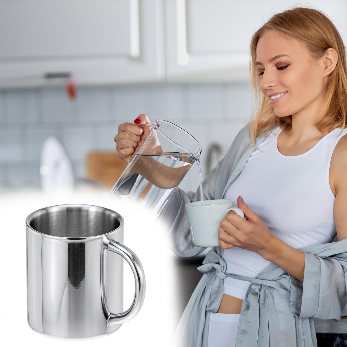 Mokkenset - Tweedelige set - Koffiemok en melkmok, gemaakt van 304 roestvrij staal - Geïsoleerd - Hittebestendig - 200 ml dubbelwandige reismok - Geschikt voor warme en koude dranken — cadeau in Cadeau-ideeën - foto 3